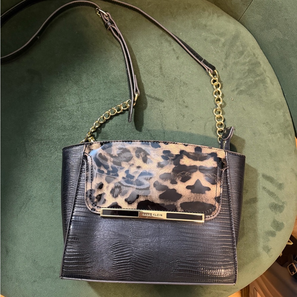Anne Klein Black and Animal Print Crossbody Bag